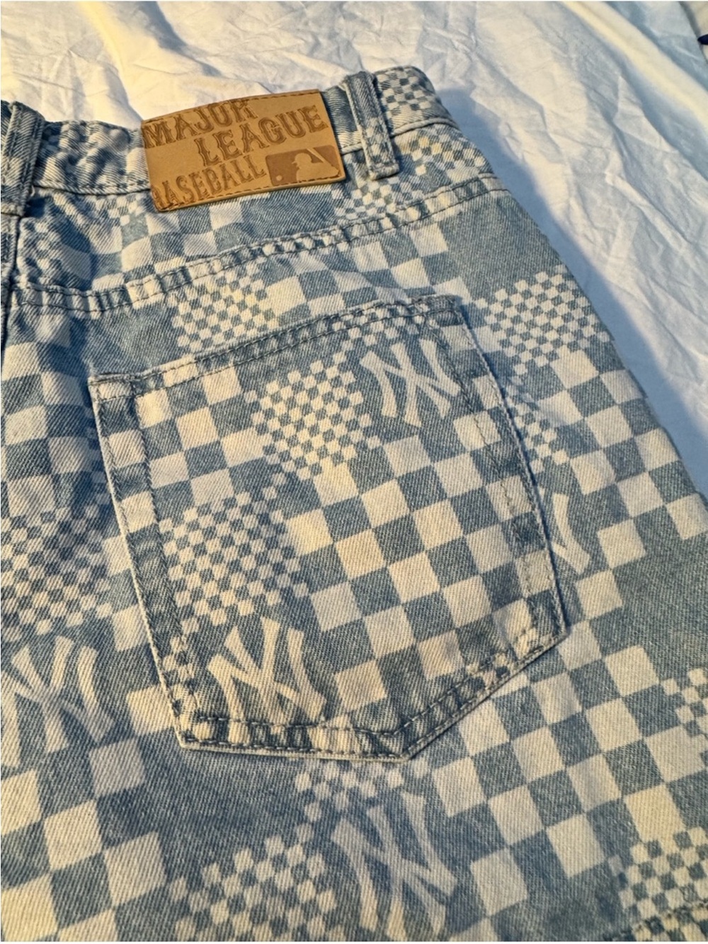 MLB Korea New York Yankees Checkerboard Denim Shorts - Women’s S Y2K Inspired - Picture 8 of 14